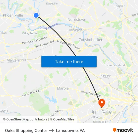 Oaks Shopping Center to Lansdowne, PA map