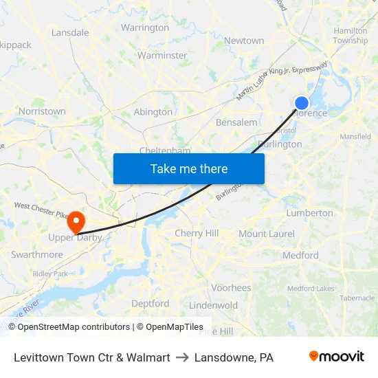 Levittown Town Ctr & Walmart to Lansdowne, PA map