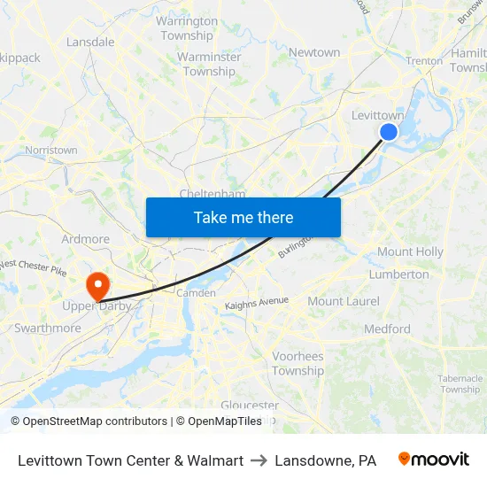 Levittown Town Center & Walmart to Lansdowne, PA map