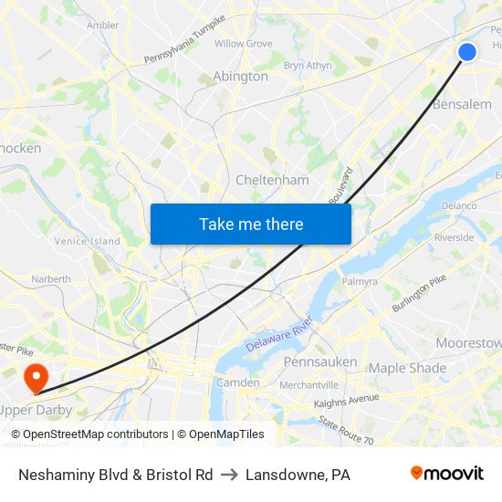 Neshaminy Blvd & Bristol Rd to Lansdowne, PA map