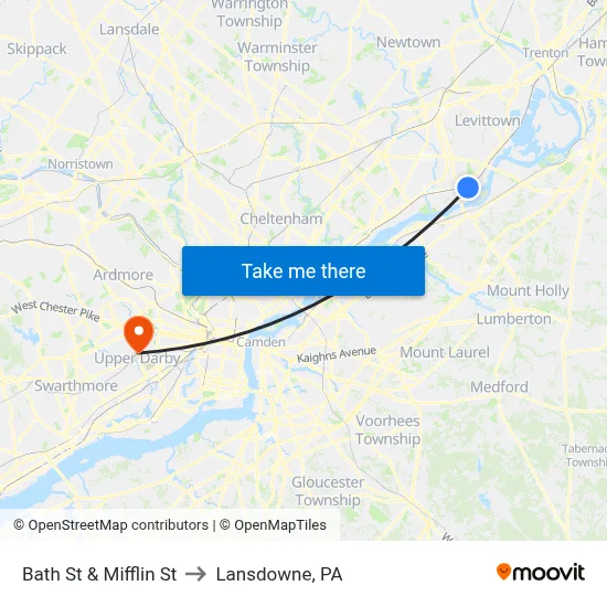 Bath St & Mifflin St to Lansdowne, PA map