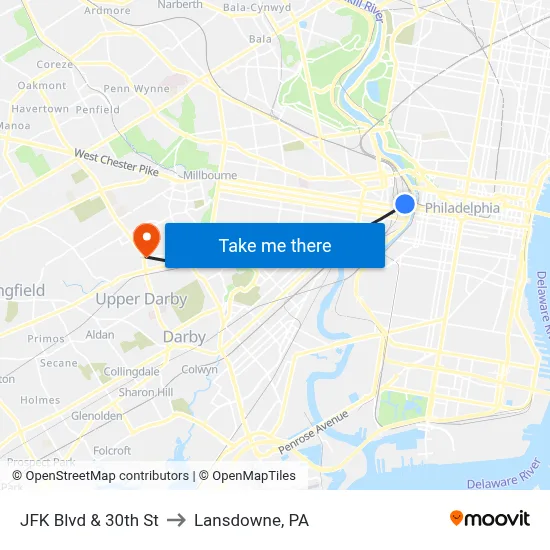 JFK Blvd & 30th St to Lansdowne, PA map