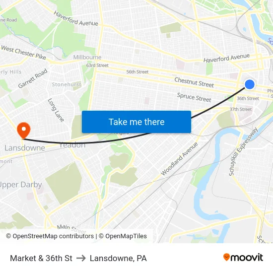 Market & 36th St to Lansdowne, PA map