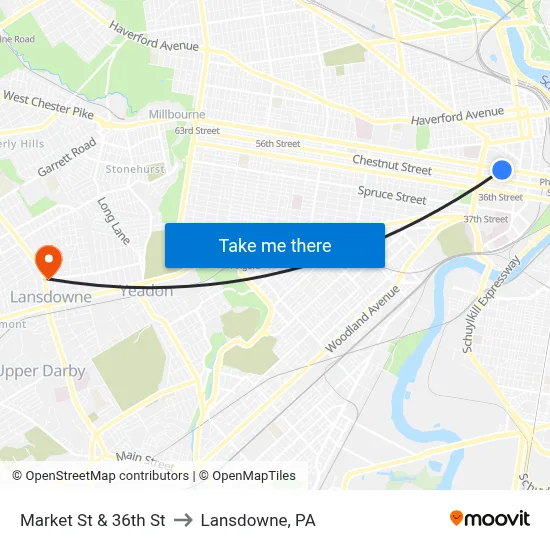 Market St & 36th St to Lansdowne, PA map