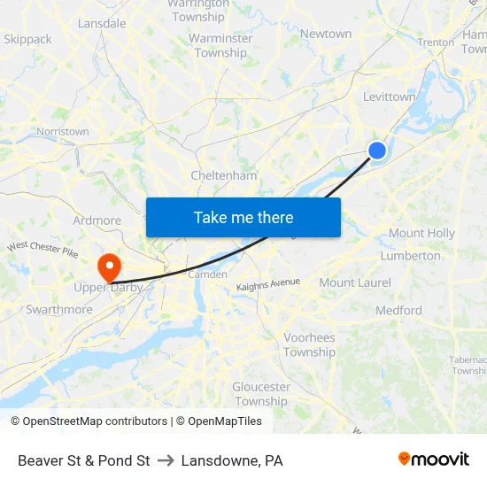 Beaver St & Pond St to Lansdowne, PA map