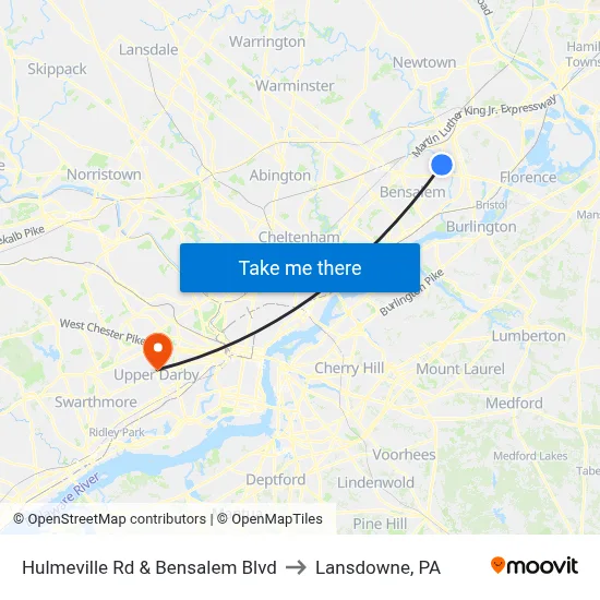 Hulmeville Rd & Bensalem Blvd to Lansdowne, PA map