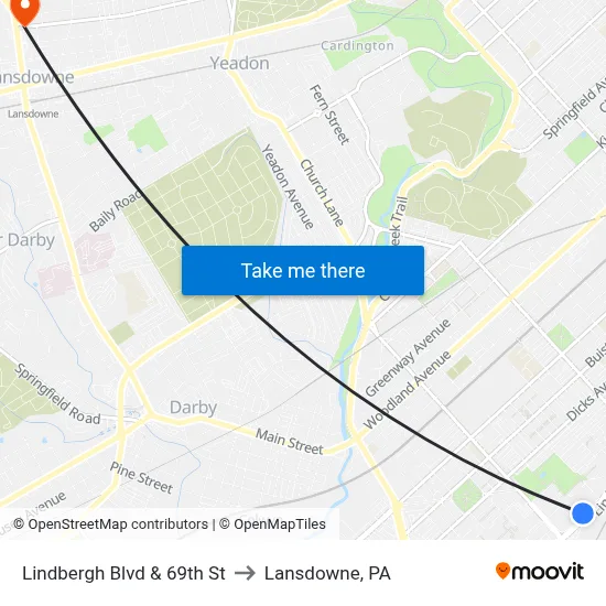 Lindbergh Blvd & 69th St to Lansdowne, PA map