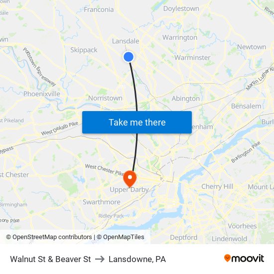 Walnut St & Beaver St to Lansdowne, PA map