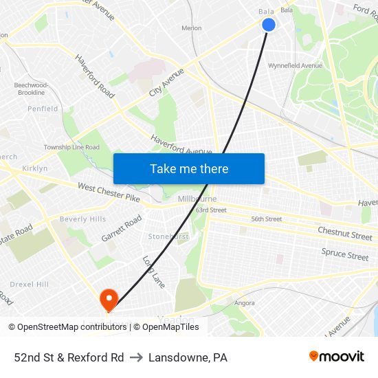 52nd St & Rexford Rd to Lansdowne, PA map