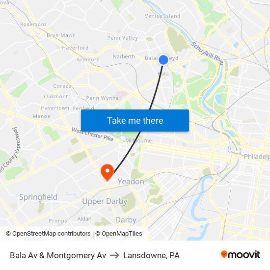 Bala Av & Montgomery Av to Lansdowne, PA map