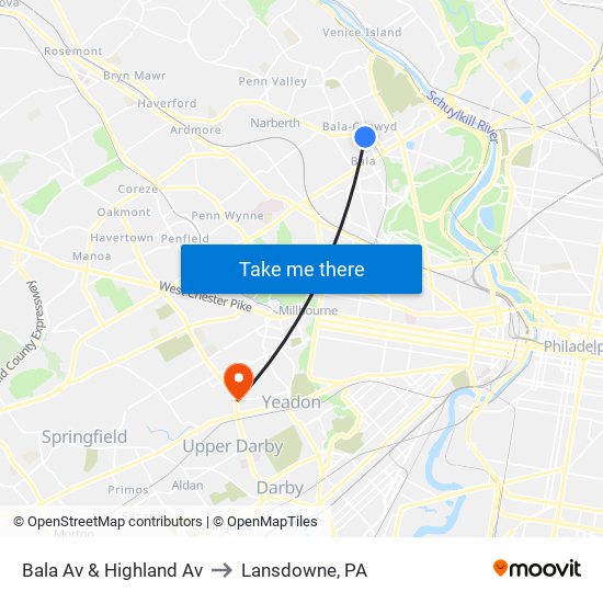Bala Av & Highland Av to Lansdowne, PA map