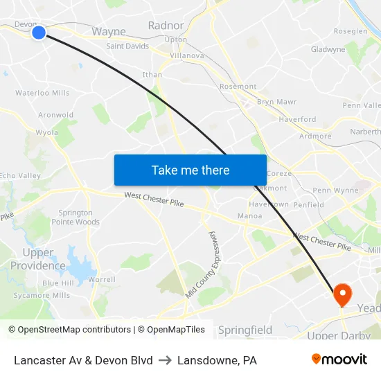 Lancaster Av & Devon Blvd to Lansdowne, PA map