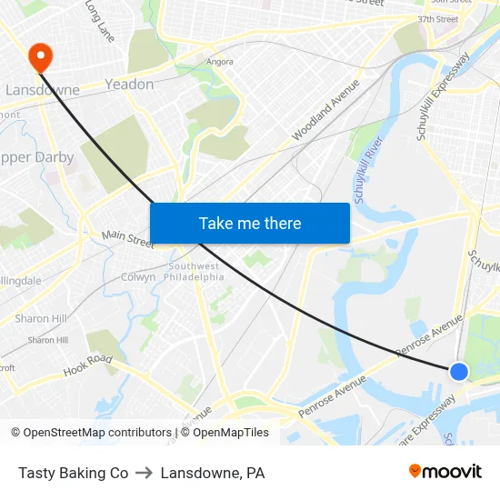 Tasty Baking Co to Lansdowne, PA map