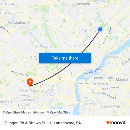 Dungan Rd & Rhawn St to Lansdowne, PA map