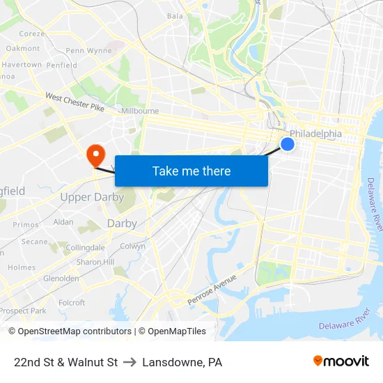 22nd St & Walnut St to Lansdowne, PA map