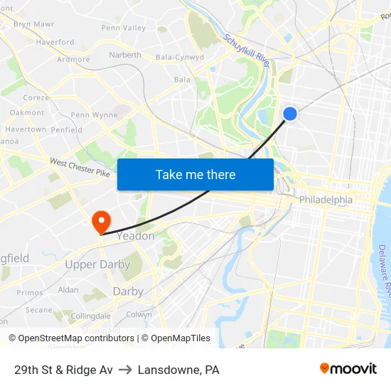 29th St & Ridge Av to Lansdowne, PA map