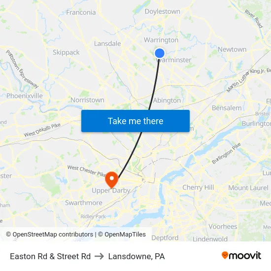 Easton Rd & Street Rd to Lansdowne, PA map