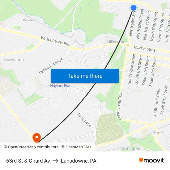 63rd St & Girard Av to Lansdowne, PA map