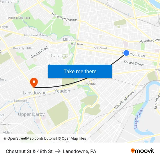 Chestnut St & 48th St to Lansdowne, PA map