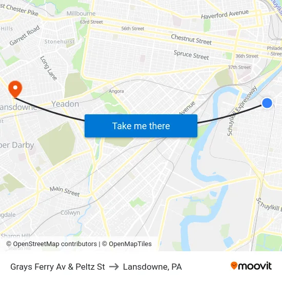 Grays Ferry Av & Peltz St to Lansdowne, PA map