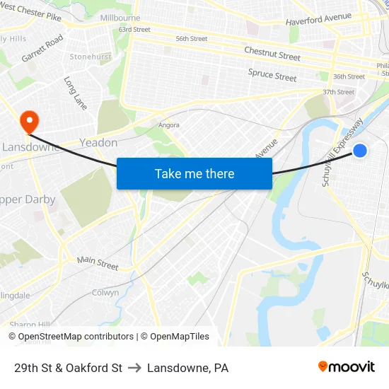 29th St & Oakford St to Lansdowne, PA map
