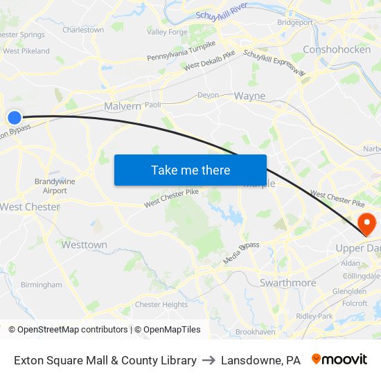 Exton Square Mall & County Library to Lansdowne, PA map