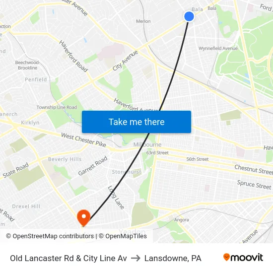 Old Lancaster Rd & City Line Av to Lansdowne, PA map