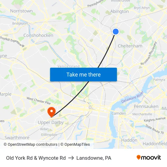 Old York Rd & Wyncote Rd to Lansdowne, PA map