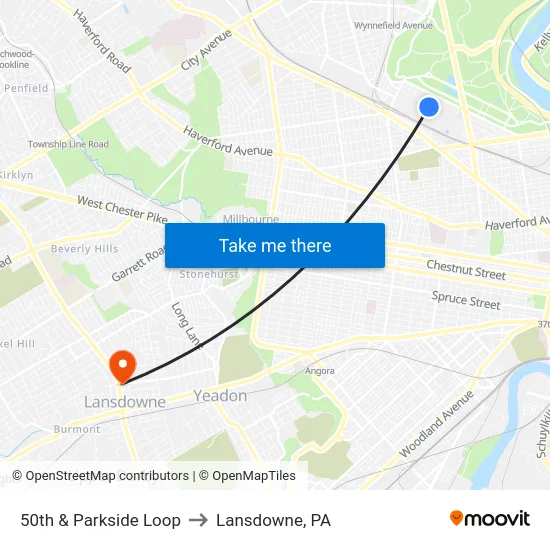 50th & Parkside Loop to Lansdowne, PA map