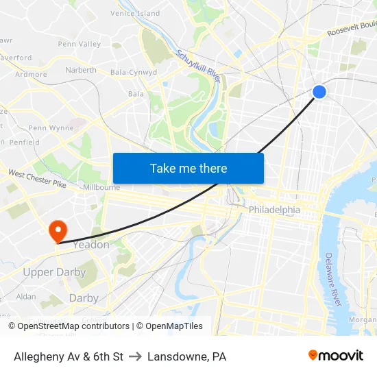 Allegheny Av & 6th St to Lansdowne, PA map