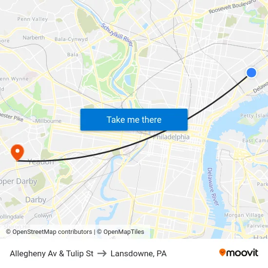 Allegheny Av & Tulip St to Lansdowne, PA map