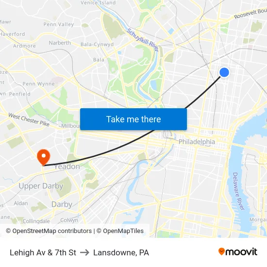 Lehigh Av & 7th St to Lansdowne, PA map