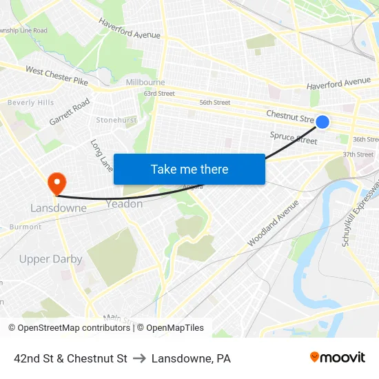 42nd St & Chestnut St to Lansdowne, PA map