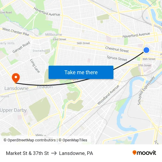 Market St & 37th St to Lansdowne, PA map