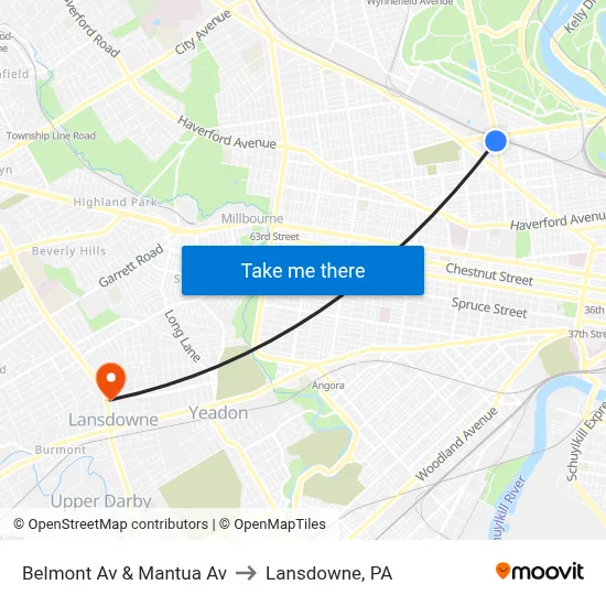 Belmont Av & Mantua Av to Lansdowne, PA map