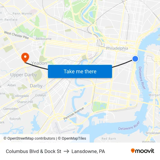 Columbus Blvd & Dock St to Lansdowne, PA map