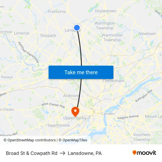 Broad St & Cowpath Rd to Lansdowne, PA map