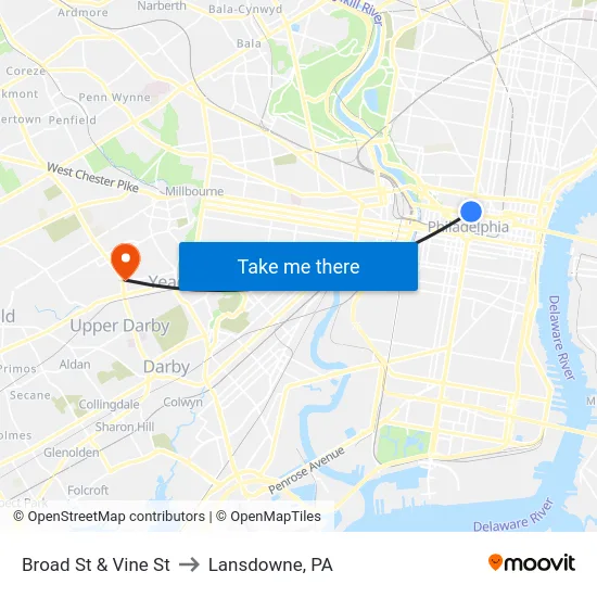 Broad St & Vine St to Lansdowne, PA map