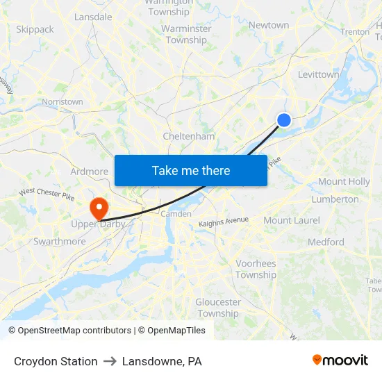 Croydon Station to Lansdowne, PA map