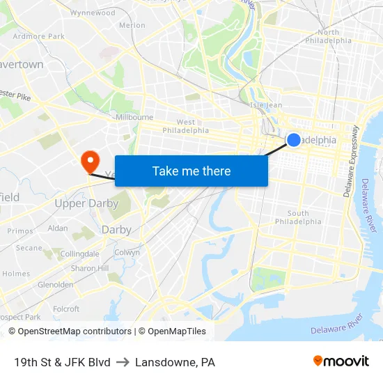 19th St & JFK Blvd to Lansdowne, PA map