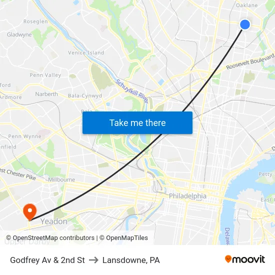 Godfrey Av & 2nd St to Lansdowne, PA map
