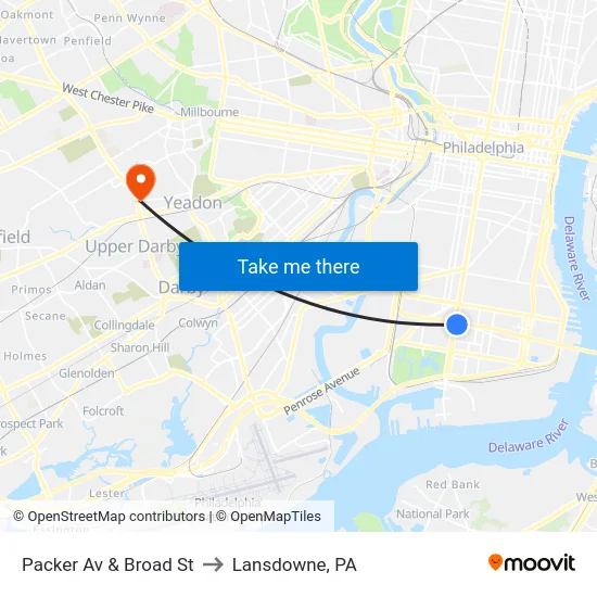 Packer Av & Broad St to Lansdowne, PA map