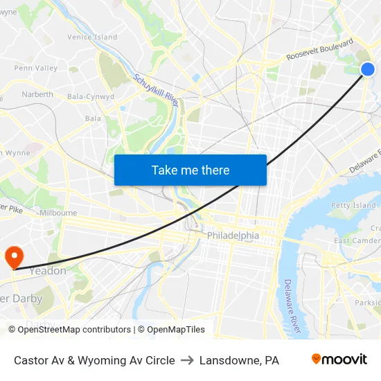 Castor Av & Wyoming Av Circle to Lansdowne, PA map