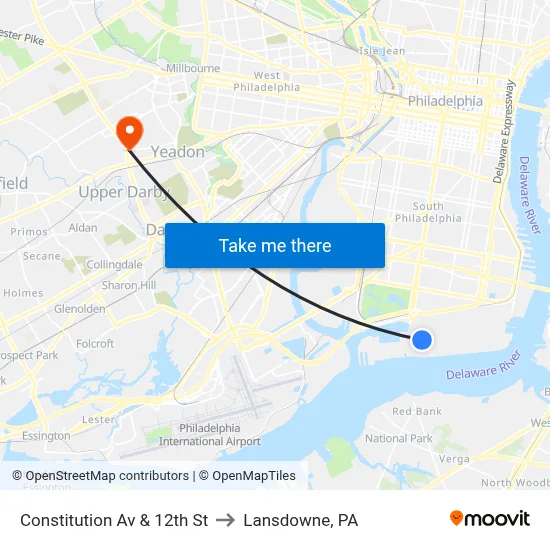 Constitution Av & 12th St to Lansdowne, PA map