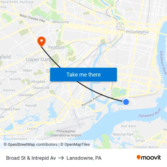 Broad St & Intrepid Av to Lansdowne, PA map