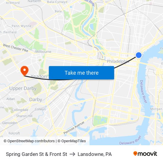 Spring Garden St & Front St to Lansdowne, PA map