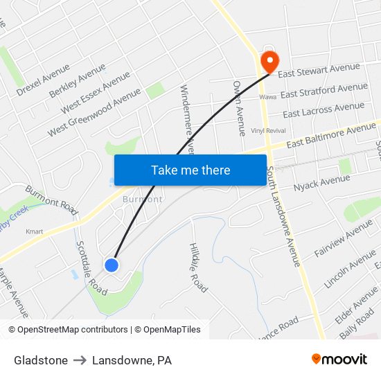 Gladstone to Lansdowne, PA map