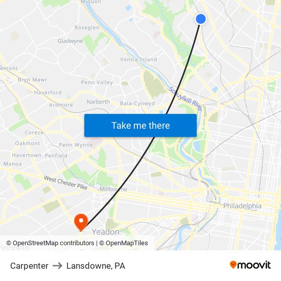 Carpenter to Lansdowne, PA map