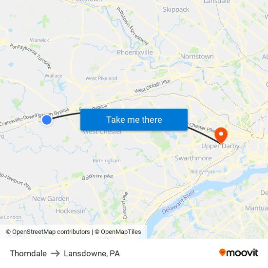 Thorndale to Lansdowne, PA map