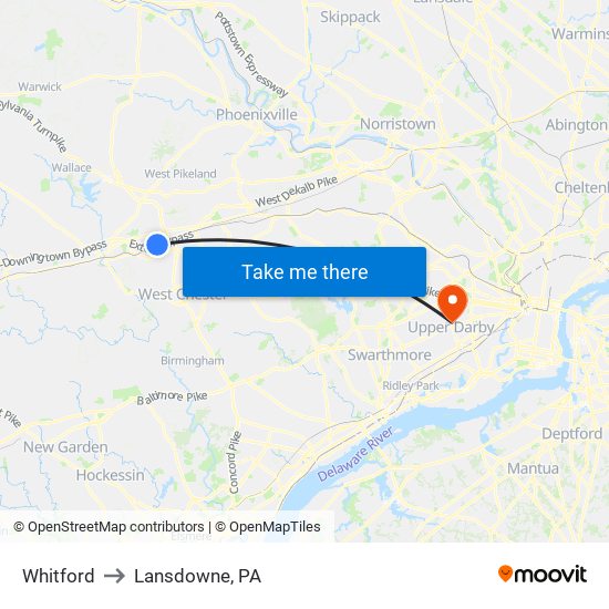 Whitford to Lansdowne, PA map